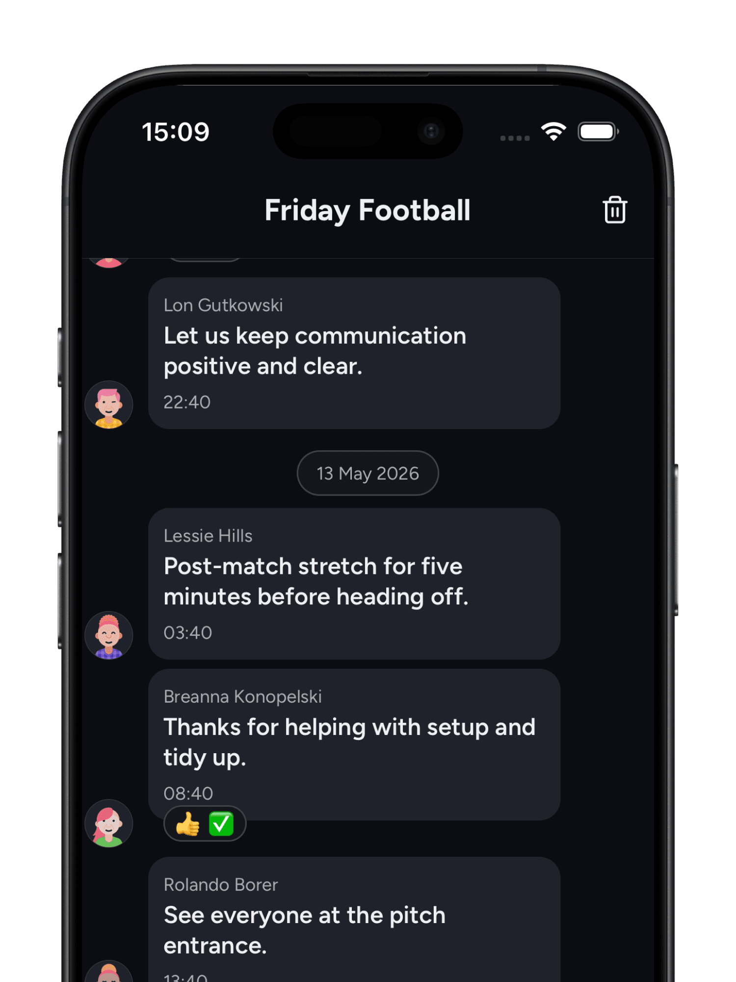 Teamsheet match chat screen showing group conversation
