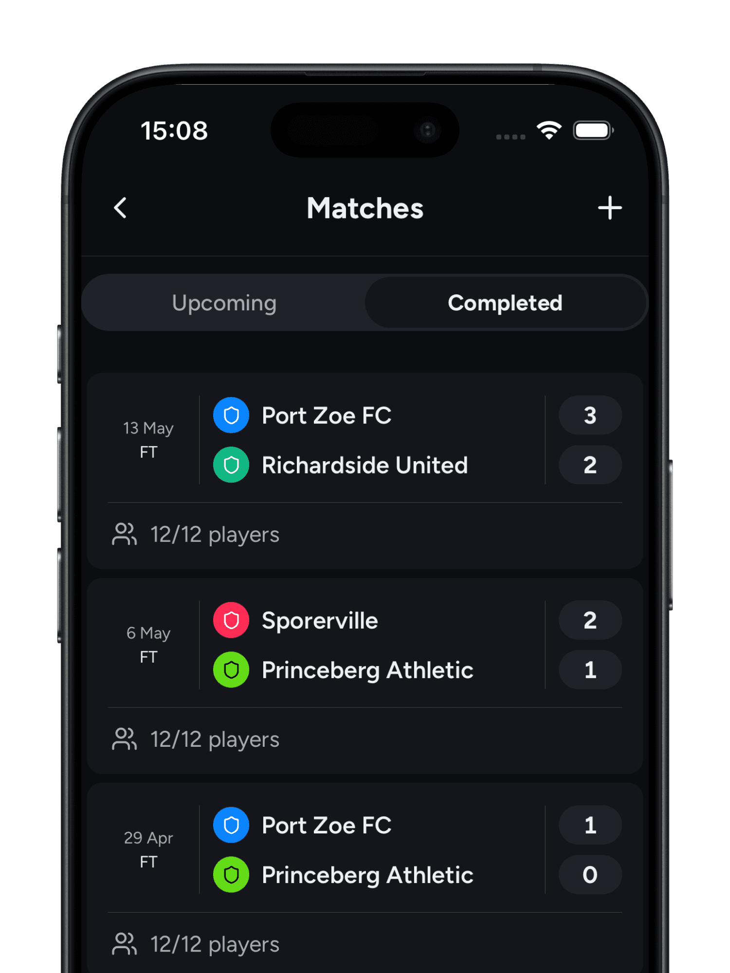 Teamsheet match scheduling screen with fixture details