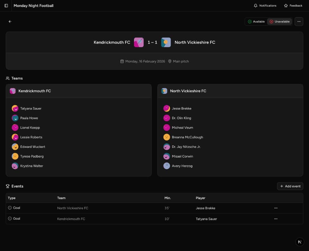 Match page showing teams, score, and events in Teamsheet